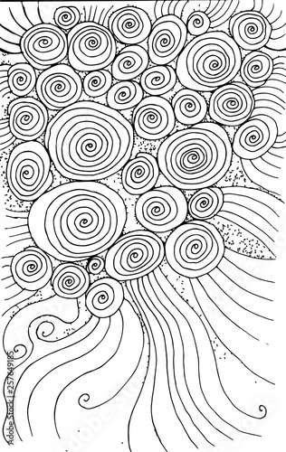 Doodle background with circles and spirals. Hand drawn texture design. Ink abstract drawing. Vector artwork
