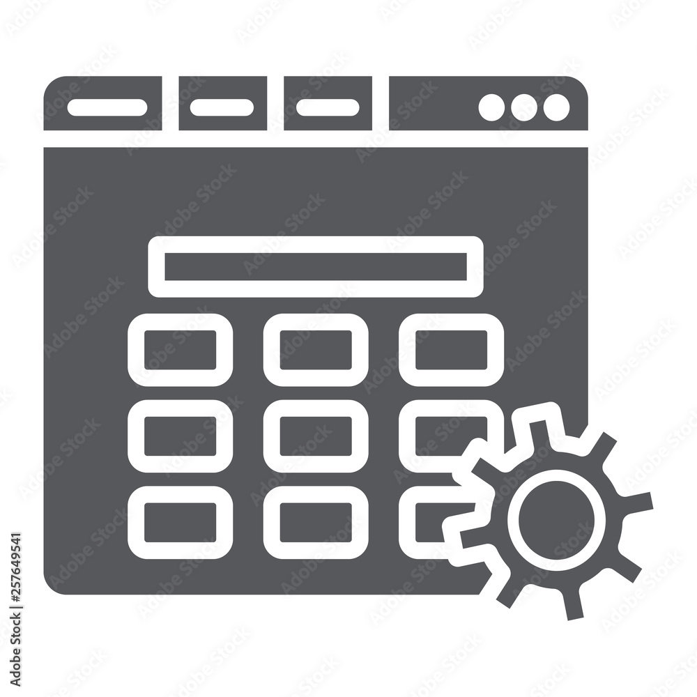 Website setup glyph icon, setting and service, gear and browser sign, vector graphics, a solid pattern on a white background. Website setup glyph icon, setting and service, gear and browser sign, vector graphics, a solid pattern on a white background.