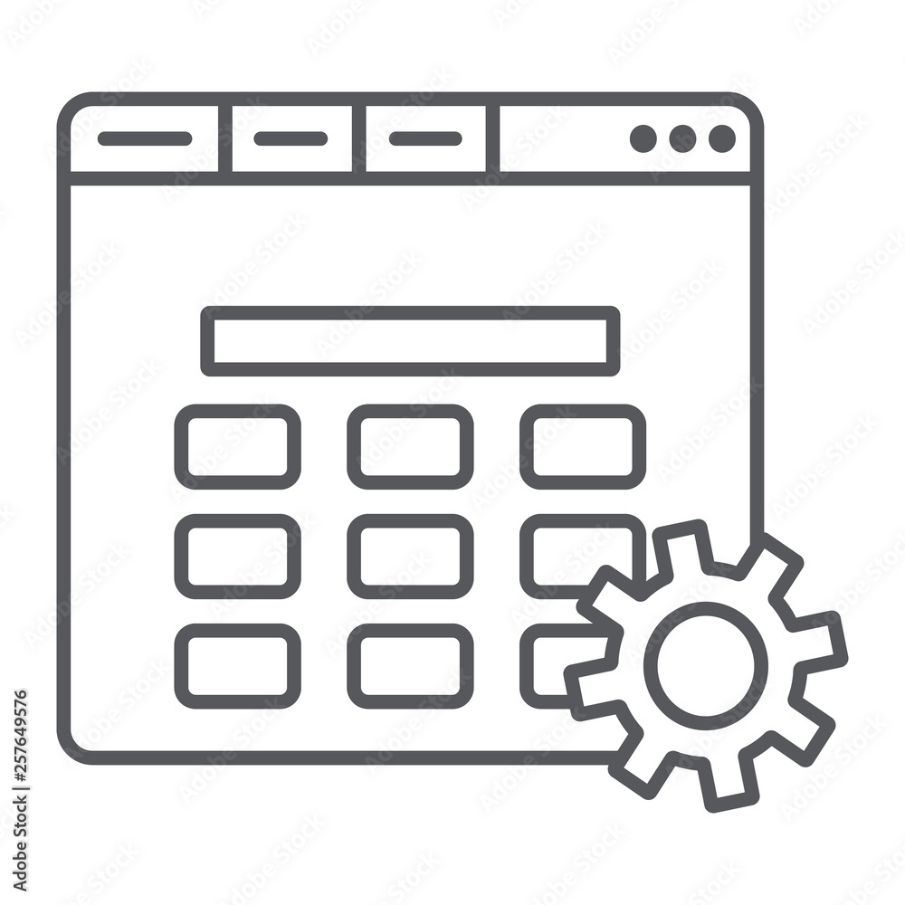 Website setup thin line icon, setting and service, gear and browser sign, vector graphics, a linear pattern on a white background. Website setup thin line icon, setting and service, gear and browser sign, vector graphics, a linear pattern on a white background.