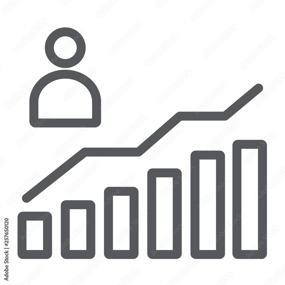 Career growth line icon, increase and diagram, person and chart sign, vector graphics, a linear pattern on a white background. Career growth line icon, increase and diagram, person and chart sign, vector graphics, a linear pattern on a white background.