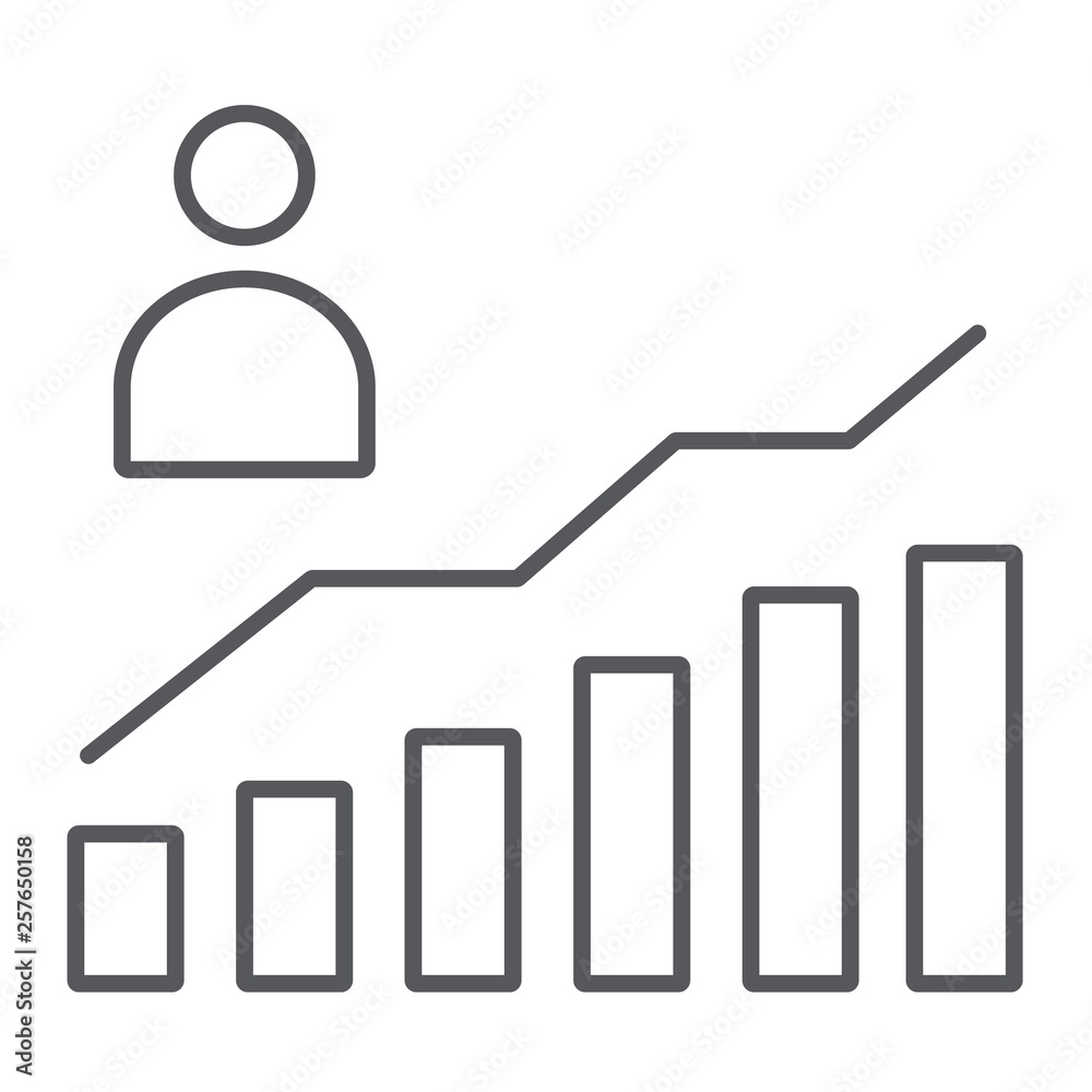 Career growth thin line icon, increase and diagram, person and chart sign, vector graphics, a linear pattern on a white background. Career growth thin line icon, increase and diagram, person and chart sign, vector graphics, a linear pattern on a white background.