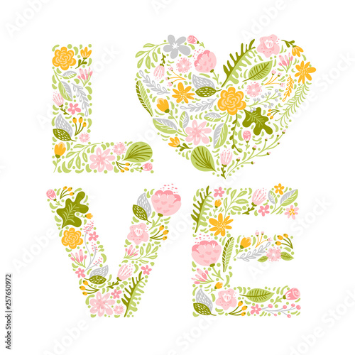 Floral summer word Love. Flower Capital wedding Uppercase letters. Colorful font with flowers and leaves. Vector illustration Grotesque scandinavian style for wedding, valentines day