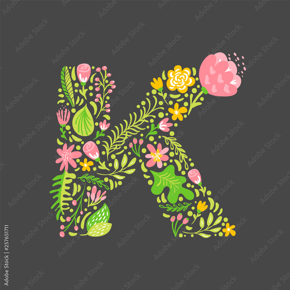 Floral summer Letter K. Flower Capital wedding Uppercase Alphabet. Colorful font with flowers and leaves. Vector illustration Grotesque scandinavian style