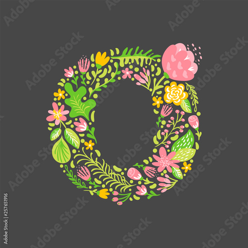 Floral summer Letter O. Flower Capital wedding Uppercase Alphabet. Colorful font with flowers and leaves. Vector illustration Grotesque scandinavian style