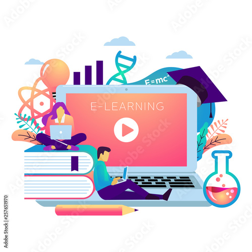 E learning llustration concept. Student sitting on books with laptop studying online. distance learning course, business and education home schooling vector illustration