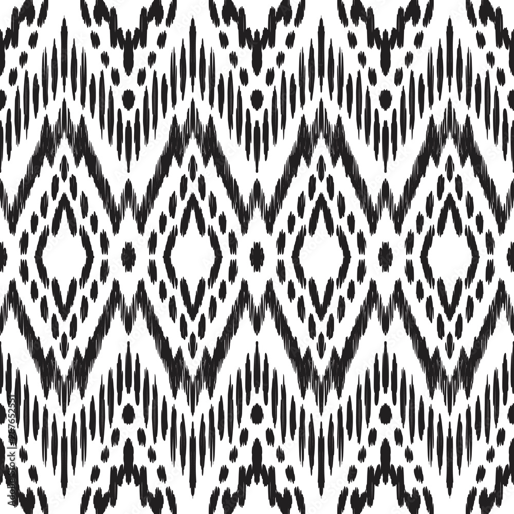 Black and white seamless background. Ethnic ikat ornament. Vector illustration. Tribal pattern. Can be used for textile, wallpaper, wrapping paper, greeting card backdrop, print. Black and white seamless background. Ethnic ikat ornament. Vector illustration. Tribal pattern. Can be used for textile, wallpaper, wrapping paper, greeting card backdrop, print.
