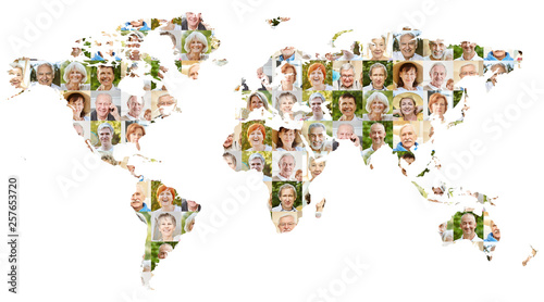 Senioren Portrait Collage auf Welt Karte