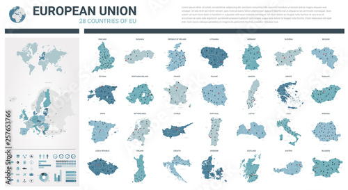 Vector maps set. High detailed 28 maps of European Union countries (member states) with administrative division and cities. Political map, map of Europe , world map, globe, infographic elements.