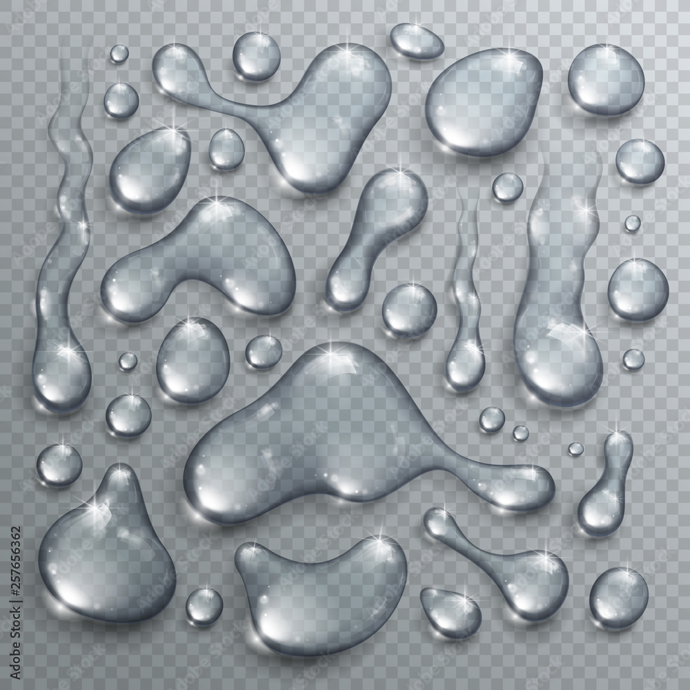 Water drops set vector realistic 3d elements collection, transparent dew condensation drops over transparency checker mesh, ready to put over any background. - obrazy, fototapety, plakaty 