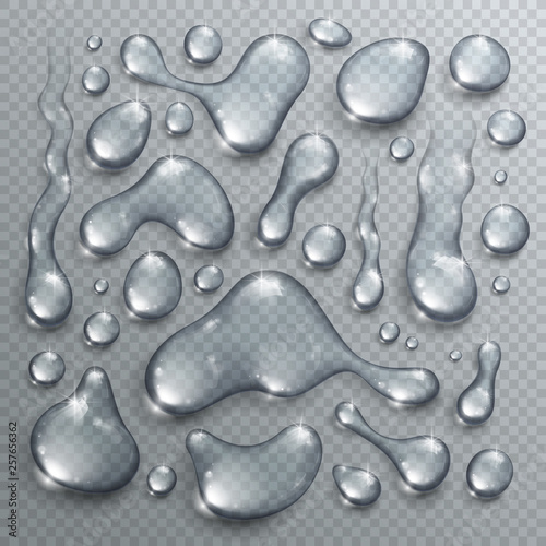 Water drops set vector realistic 3d elements collection, transparent dew condensation drops over transparency checker mesh, ready to put over any background.