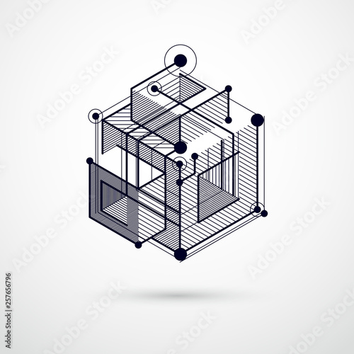 Geometric technology vector black and white drawing, 3D technical wallpaper. Illustration of engineering system, abstract technological backdrop. Abstract technical background.