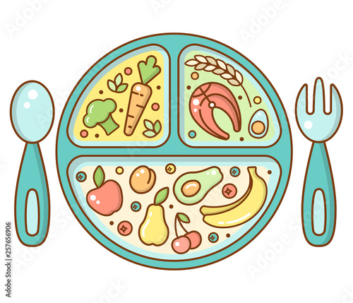 Baby food plate in bright cartoon style. Suitable for advertising or info poster design
