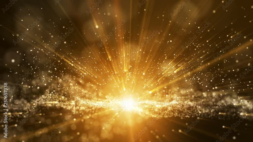 Dark brown background, digital signature with particles, sparkling waves, curtains and areas with deep depths. The particles are golden light lines.