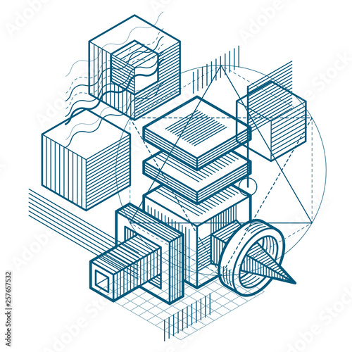 Isometric abstract background with lines and other different elements  vector abstract template. Composition of cubes  hexagons  squares  rectangles and different abstract elements.