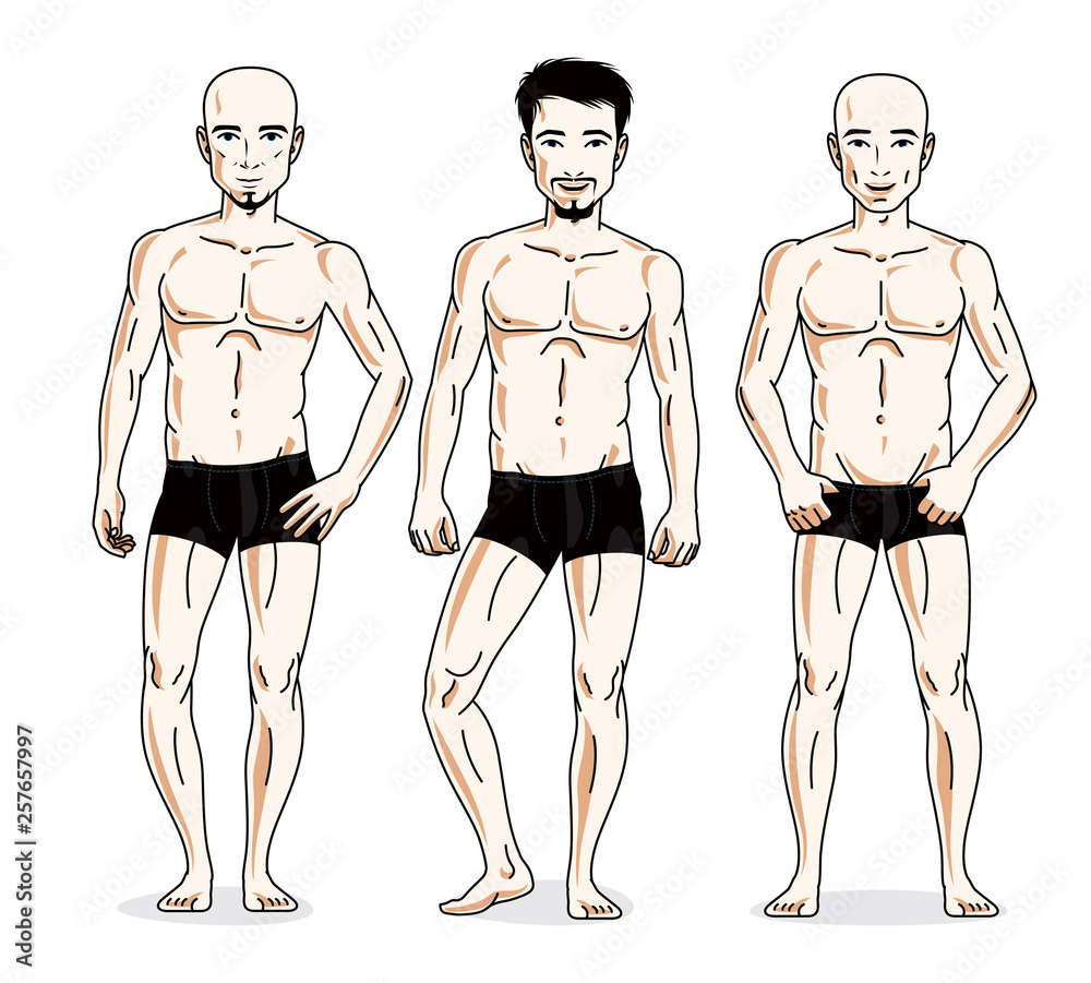 Confident handsome men posing in black underwear. Vector people illustrations set. Confident handsome men posing in black underwear. Vector people illustrations set.