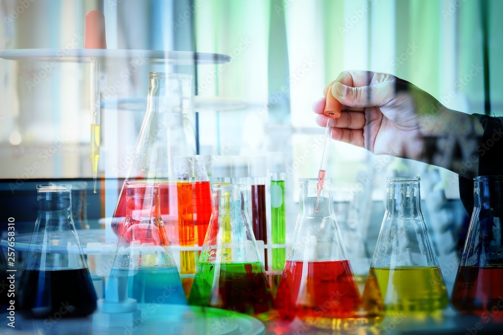 Chemical tube set development and pharmacy in laboratory with multicolored substances in laboratory - Image Chemical tube set development and pharmacy in laboratory with multicolored substances in laboratory - Image