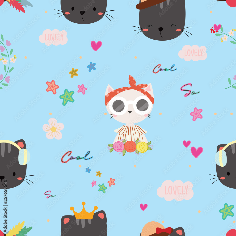 Cute cat seamless pattern background, t-shirt, card. Vector