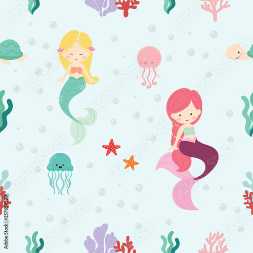 Cute mermaid seamless pattern background vector. © VectorBoyZ