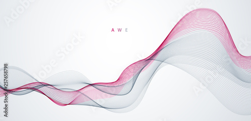 Dynamic particles sound wave flowing. Dotted curves vector abstract background. Beautiful 3d wave shaped array of blended points.