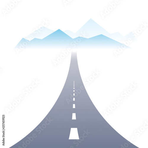 Country road highway vector perfect design illustration. The way to nature, mountains and rocks tourism and travel theme. Can be used as a road banner or billboard with copy space for text.