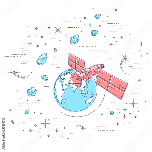 Communication satellite flying orbital spaceflight around earth, spacecraft space station with solar panels and satellite antenna plate, under asteroid rain and stars. Vector.