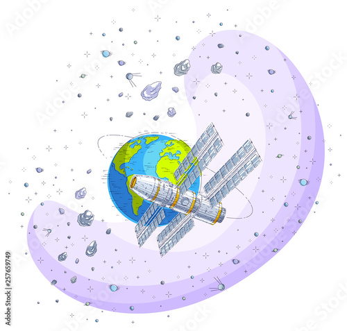Space station flying orbital spaceflight around earth, spacecraft spaceship iss with solar panels, artificial satellite, under asteroid rain and stars. Thin line 3d vector illustration.