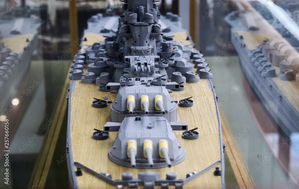 Model ship of the Second World War. Closeup on the deck and towers of