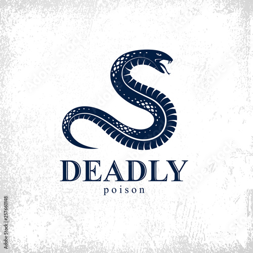 Snake vector logo emblem or tattoo, deadly poison dangerous serpent, venom aggressive predator reptile animal vintage style illustration.