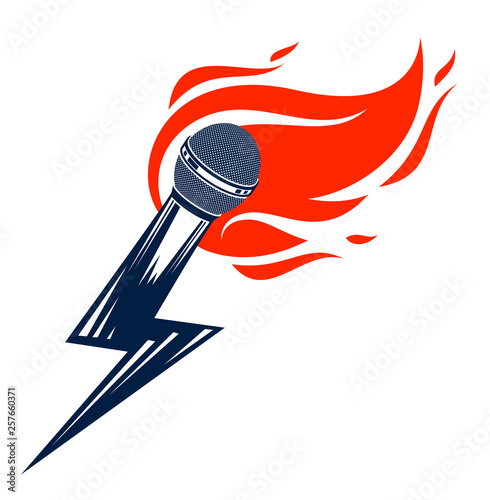 Microphone on fire and shape of lightning, hot mic in flames and bolt, breaking news concept, rap battle rhymes music, karaoke singing or standup comedy, vector logo or illustration.