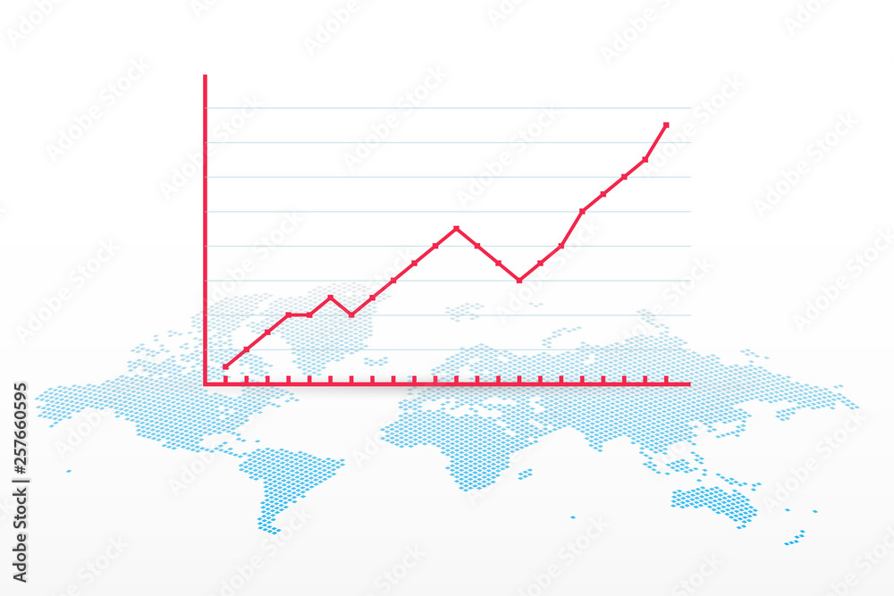 Growth chart with world map symbol. Vector infographic element. Progress sign for business, finance, stock market, exchange, development, profit, web, concept, design, template, sample, report Growth chart with world map symbol. Vector infographic element. Progress sign for business, finance, stock market, exchange, development, profit, web, concept, design, template, sample, report