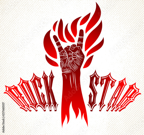 Rock hand sign on fire, hot music Rock and Roll gesture in flames, Hard Rock festival concert or club, vector label emblem or logo, musical instruments shop or recording studio.