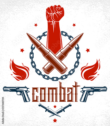 Anarchy and Chaos aggressive emblem or logo with strong clenched fist, weapons and different design elements , vector vintage style tattoo, rebel rioter partisan and revolutionary.