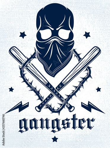 Gangster emblem logo or tattoo with aggressive skull baseball bats and other weapons and design elements, vector, criminal ghetto vintage style, gangster anarchy or mafia theme.