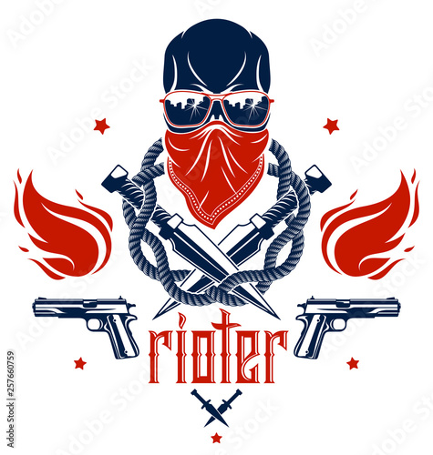 Revolution and Riot wicked emblem or logo with aggressive skull, weapons and different design elements , vector tattoo, anarchy and chaos, rebel partisan and revolutionary.