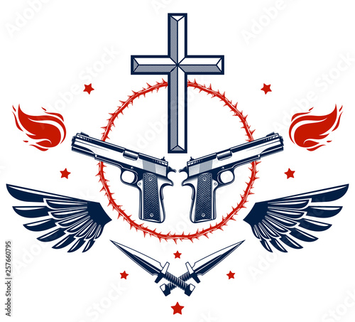 Criminal gangster dramatic emblem or logo with Christian Cross symbolizing death, weapons and different design elements, vector vintage style tattoo, rebel rioter partisan and revolutionary.