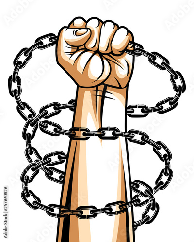 Strong hand clenched fist fighting for freedom against chain slavery theme illustration, vector logo or tattoo, getting free, struggle for liberty.