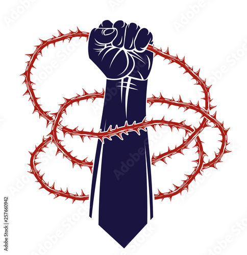 Slavery theme illustration with strong hand clenched fist fighting for freedom against blackthorn thorn, vector logo or tattoo, through the thorns to the stars concept.