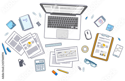Office desk workspace top view with laptop computer and analytics papers with graphs and data and stationery objects on table. All elements easy to use separately or recompose illustration. Vector. photo