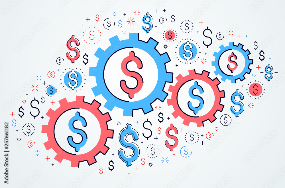 Economy system and business concept, gears and cogs mechanism with dollar signs and icon set, allegory design of systematic business and financial activity, vector illustration.