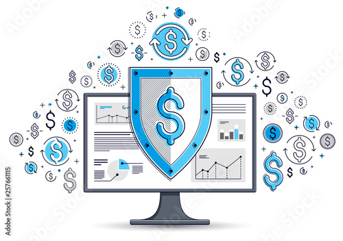 Shield over computer monitor and dollar set of icons, internet financial security concept, online finance protection, vector flat thin line design, elements can be used separately.