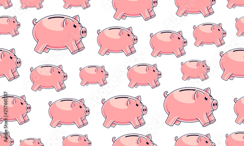Piggy banks seamless background, backdrop for financial business website or economical theme ads and information, piggybank savings, vector wallpaper or web site background.
