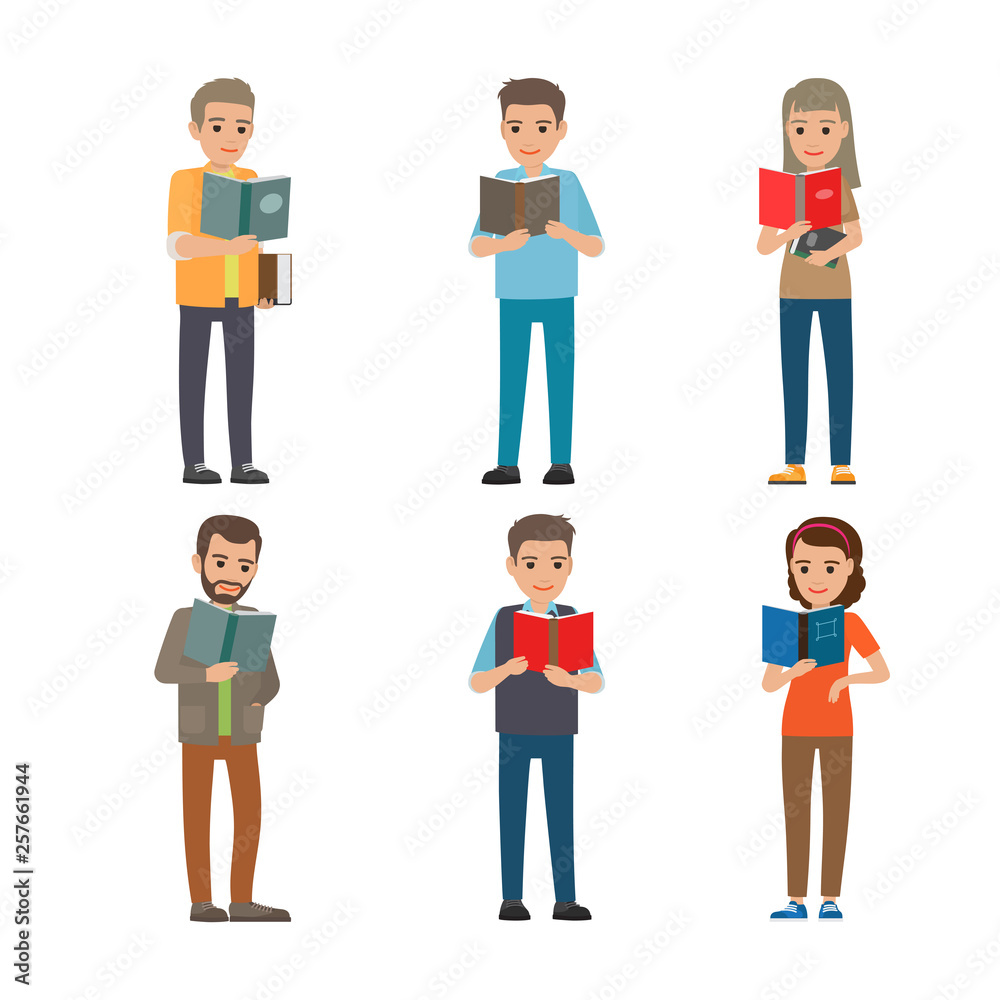 Six different people enloy reading books. Intelligent well-breed grown up characters on white background. Males and females holding one or two books in hands. Vector illustration of education process.