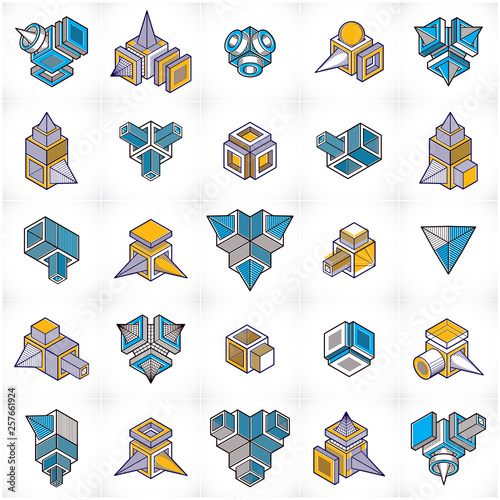Abstract three dimensional shapes set, vector designs.