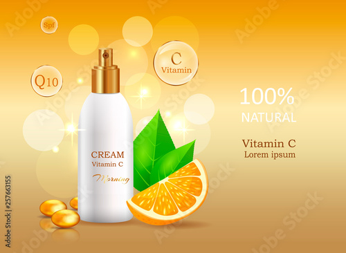 Vitamin C natural cream with sun protective factor coenzyme energizer. Cream bank beside oranges with leaves. Advertisement of natural organic cosmetics. Means for skin care vector illustration.