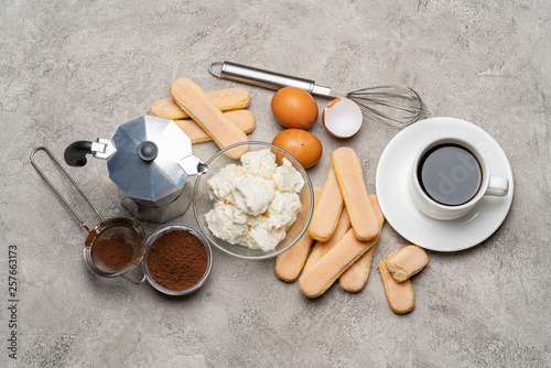 Ingredients for cooking tiramisu - Savoiardi biscuit cookies, mascarpone, cream, sugar, cocoa, coffee and egg