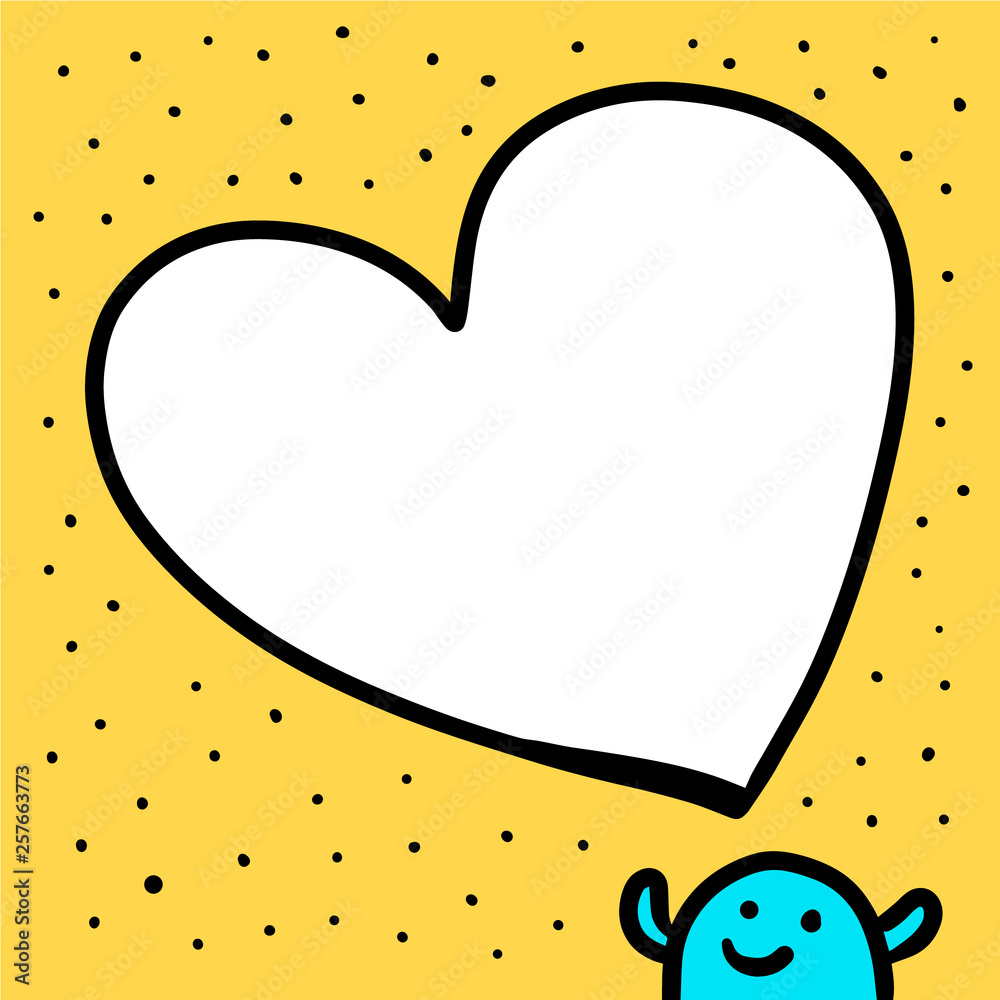 Heart form speech bubble and blue creature hand drawn illustration in cartoon style