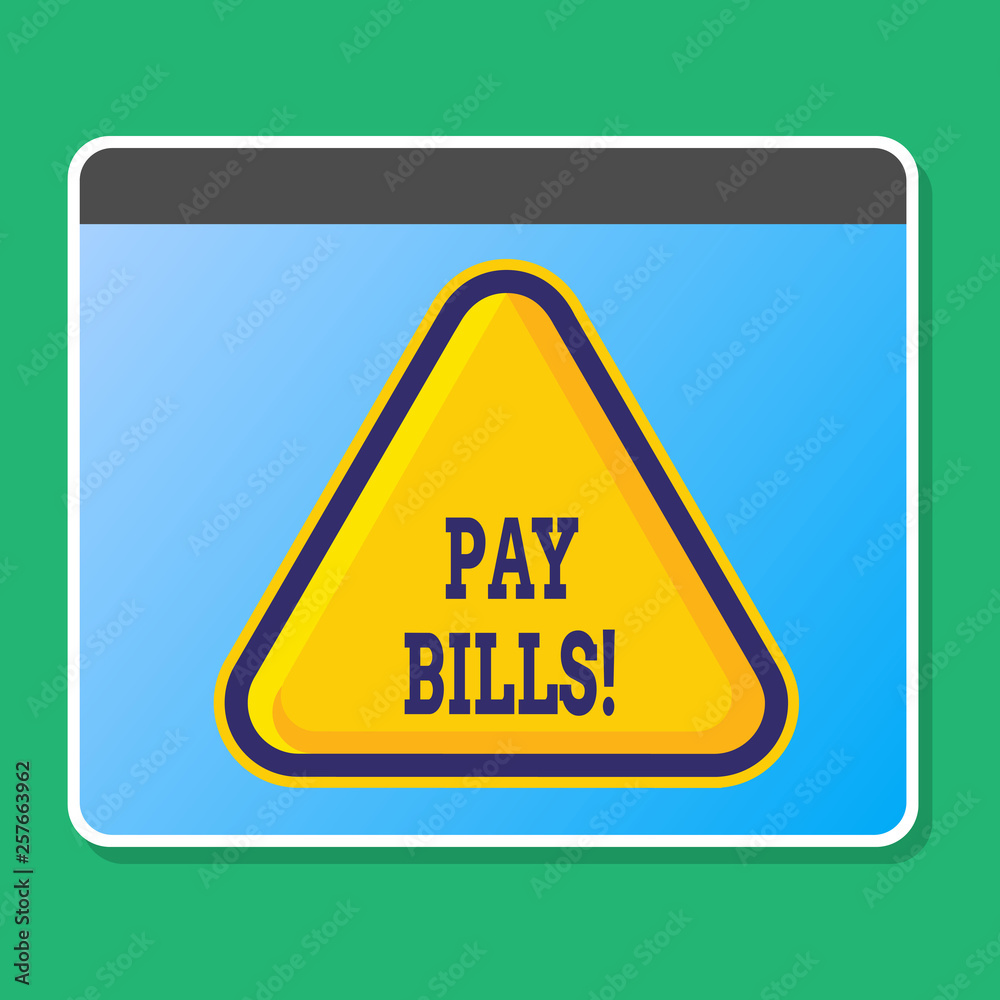 Handwriting text writing Pay Bills. Conceptual photo list of expenses to be paid total amount costs or expenses Blank Yellow Embossed Triangle with Border as Web Button In Tablet Screen