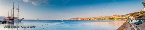 Panorama. Morning at the central public beach in Eilat - famous tourist resort and recreational city in Israel
