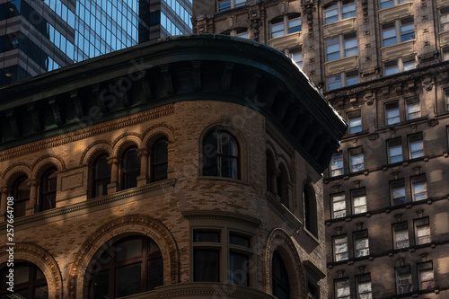 Close-up view of old and modern skyscrapers in Financial District Lower Manhattan New York City