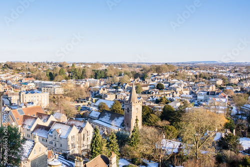 Elevated view looking across Georgian Bradford on Avon in the snow Wiltshire, UK